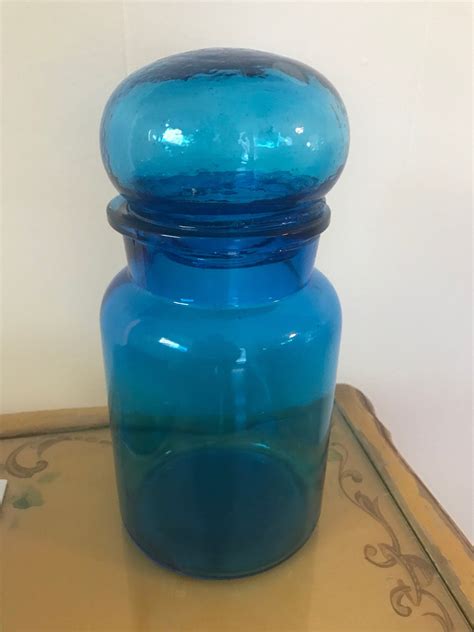 Vintage Hand Blown Blue Glass Apothecary Jar With Domed Lid Etsy