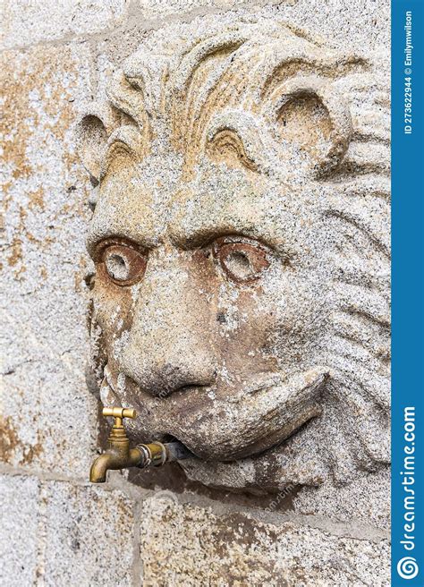 Historic Carved Stone Lion In The Garden At Viana Do Castelo Stock