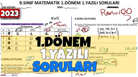 9 Sınıf Matematik 1 Dönem 1 Yazılı Soruları👉100 Aldıran Sorular 👉ders