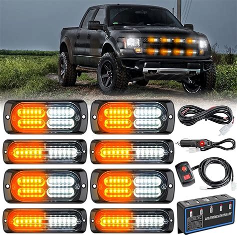 Nilight 8pcs Led Strobe Lights 12v Sync Feature Amber White 12 24led