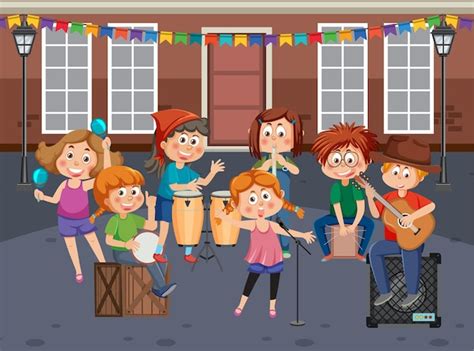 Banda de música para niños tocando instrumentos musicales Vector Premium