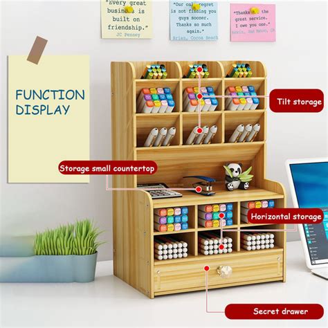 Art Supply Bamboo Wooden Desk Organizer Pen Holder with 15 Slot With Drawer, Pen Organizer for ...