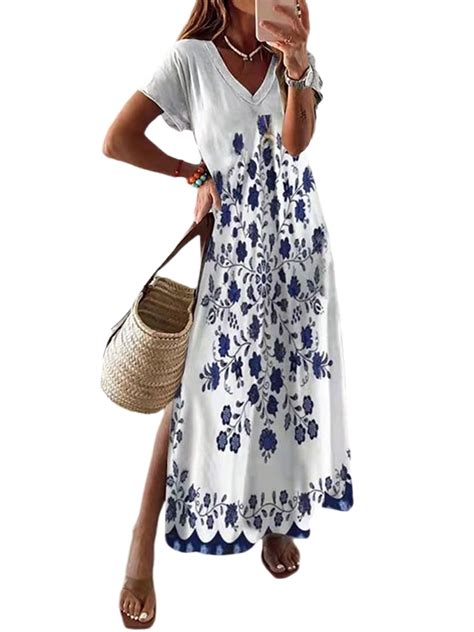 Lumento Womens Dresses Summer Maxi Dresses V Neck Short Sleeve Summer