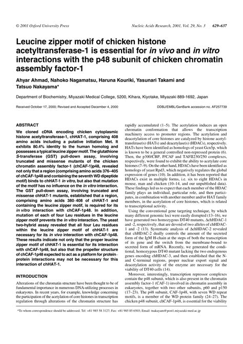 Pdf Leucine Zipper Motif Of Chicken Histone Acetyltransferase Is