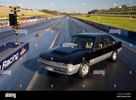 Holden Commodore Drag Racing Car Sitting Posed On The Drag Strip Stock