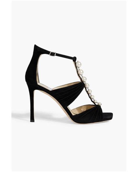 Jimmy Choo Aura 95 Embellished Gathered Suede Sandals In Black Lyst