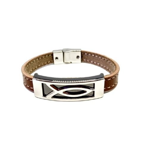 Pulseira Masculina Em Couro Preto E Bridão Cristo Peixe Elo7