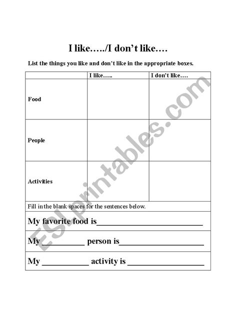 I Like I Don´t Like Worksheet Esl Worksheet By Shayden1