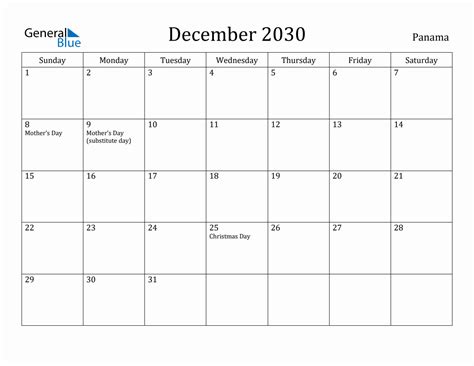 December 2030 Monthly Calendar with Panama Holidays