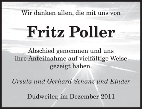 Traueranzeigen Von Fritz Poller Saarbruecker Zeitung Trauer De