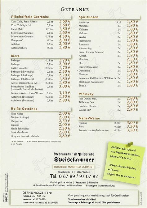 Speisekarte Von Restaurant Pilsstube Speisekammer Nohen