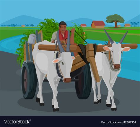 Farmer riding a bullock cart Royalty Free Vector Image