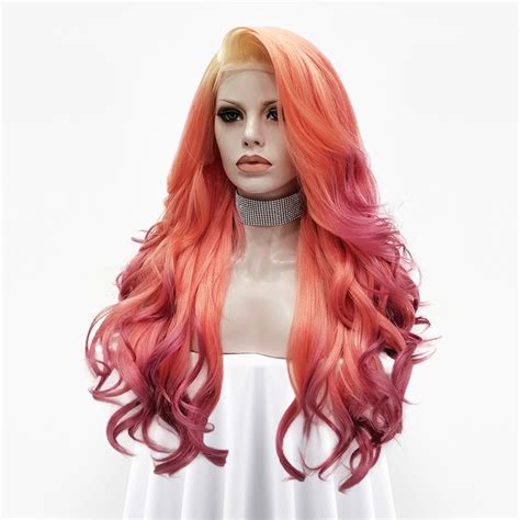 Flamingo Blonde Orange Purple Ombre Long Wavy Synthetic Lace Front W