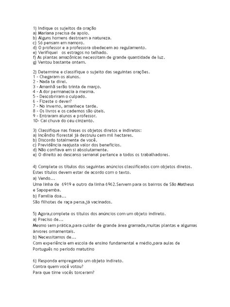 8 Ano Analise Sintatica 20 Exercicios | PDF