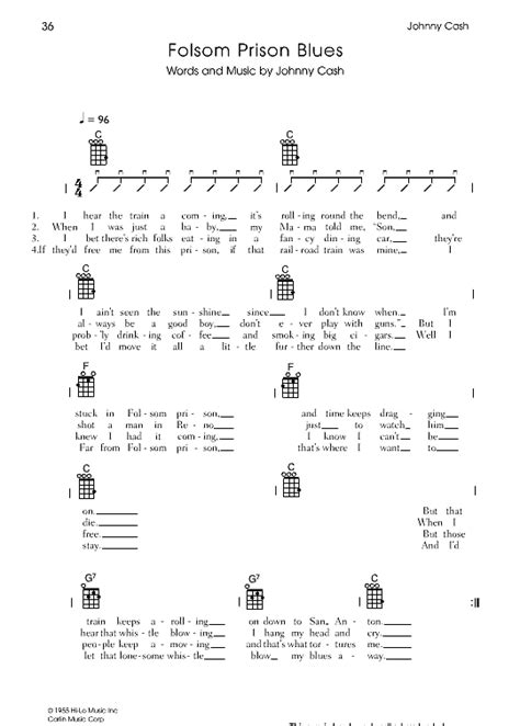 Folsom Prison Blues Ukulele Chord Songbook Pdf Noten Von Johnny Cash