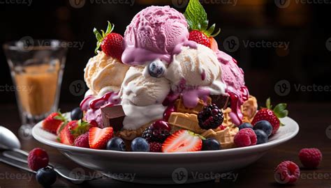 AI Generated Freshness And Sweetness On A Wooden Table Berry Ice Cream