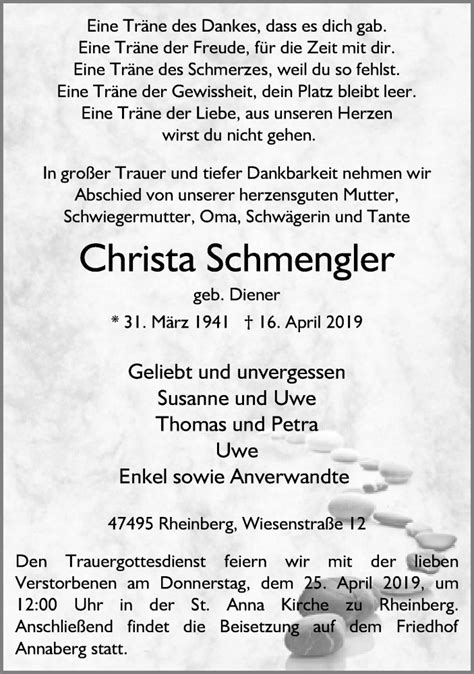 Alle Traueranzeigen F R Christa Schmengler Trauer Rp Online De