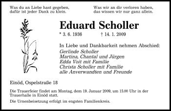 Traueranzeigen Von Eduard Scholler Saarbruecker Zeitung Trauer De