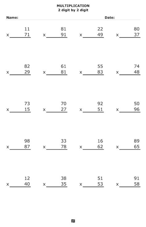 Multiplication 2 Digit By 2 Digit Numbers Double Digit