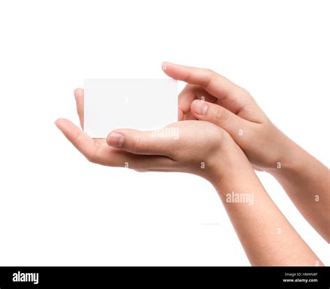 Women Hand Holding Blank Paper Business Card Isolated On White