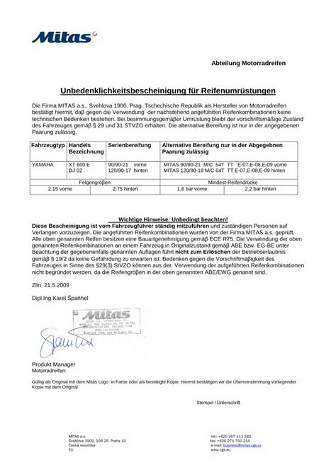 Pdf Unbedenklichkeitsbescheinigung F R Reifenumr Stungen Yamaha Xt