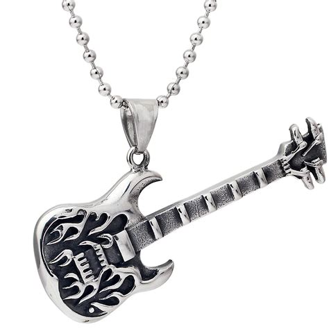 Trendy Guitar Necklace Pendant Free Inch Chain Stainless Steel Punk