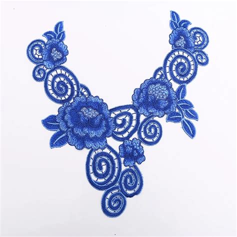 Blue Luxury Exquisite Craft Polyester Flower Embroidery Decorated Lace Neckline Collar Applique