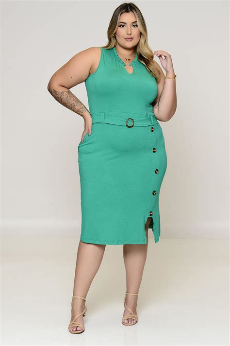 Vestido Plus Size Verde Com Cinto Embutido Vk Moda Plus Size