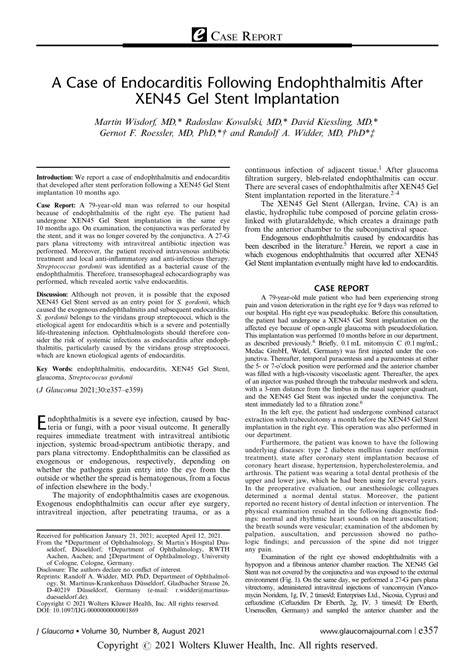 PDF A Case Of Endocarditis Following Endophthalmitis After XEN45 Gel