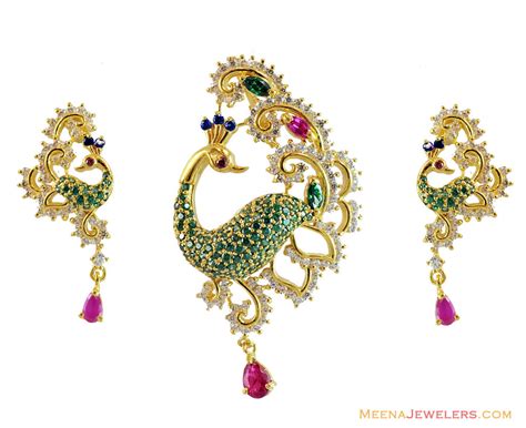 22k Designer Peacock Pendant Set Psfc14299 22k Gold Designer Pendant Earring Set