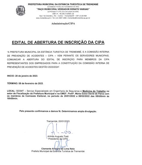 EDITAL DE ABERTURA DE INSCRIÇÃO DA CIPA GESTÃO 2023 2024 Prefeitura