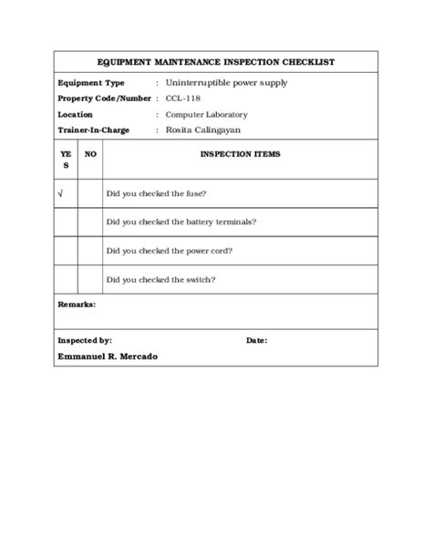 (DOC) EQUIPMENT MAINTENANCE INSPECTION CHECKLIST