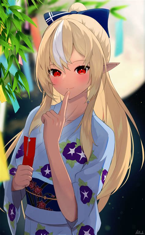 Safebooru 1girl Absurdres Bizusuhatu123 Blonde Hair Blue Bow Blue Kimono Blurry Blurry