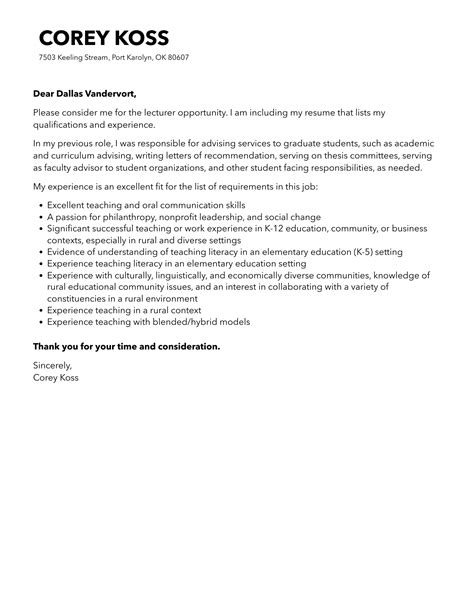 Lecturer Cover Letter Velvet Jobs