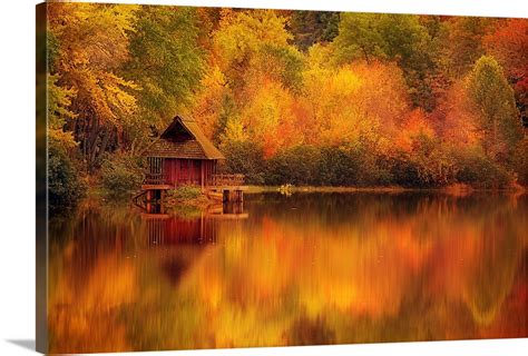 Wooden Cabin On Lake In Autumn Wall Art, Canvas Prints, Framed Prints ...