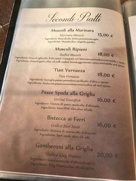 Menu Au Ristorante La Torre Vernazza