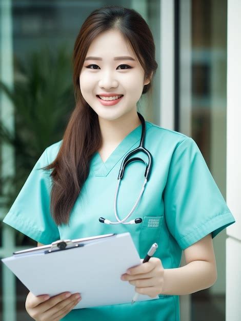 Premium Ai Image A Woman Wearing A Blue Scrubs And A Stethoscope Is Standing In Front Of A Window