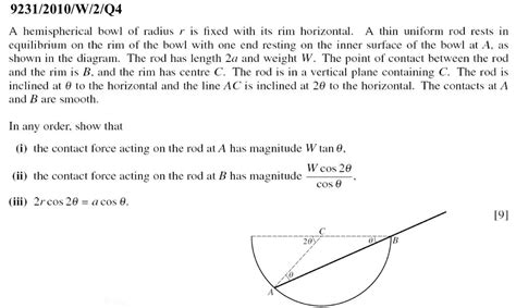 Solved 92312010w2q4 A Hemispherical Bowl Of Radius R Is