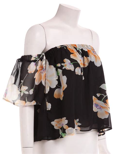 Off The Shoulder Flower Print Crop Top Shein Sheinside