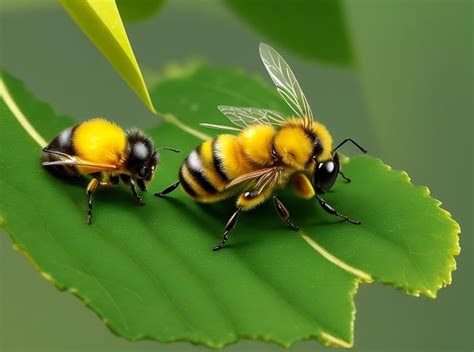 Pequeña abeja amarilla en la polinización de hojas verdes Foto Premium