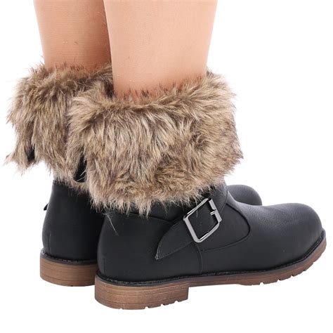 Ladies Womens Faux Fur Lined Collar Buckle Warm Pull On Winter Ankle