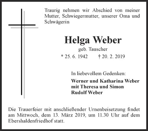 Traueranzeigen Von Helga Weber Zeit Des Gedenkens De