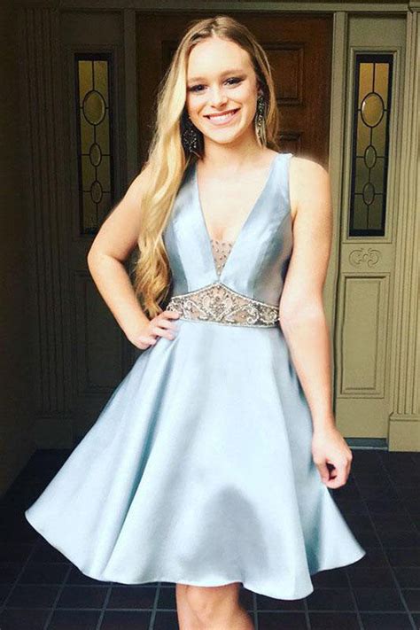 A Line V Neck Light Blue Satin Homecoming Dress With Beading Sexy