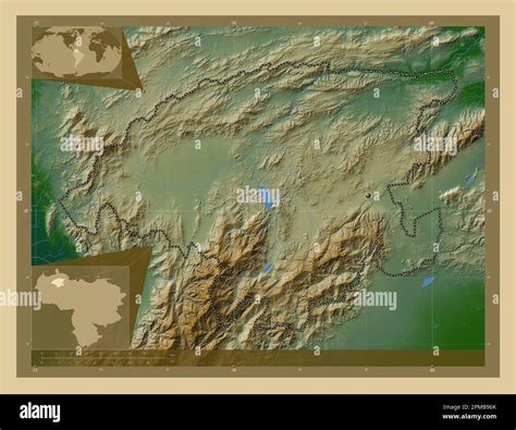 Lara, state of Venezuela. Colored elevation map with lakes and rivers. Corner auxiliary location ...