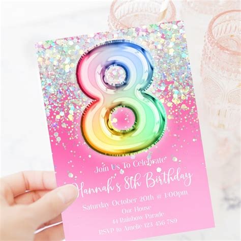 8th Birthday Invitation Editable Pink Glitter Birthday Etsy