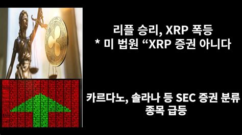 리플 승리 Xrp 폭등 미 법원 “xrp 증권 아니다카르다노 솔라나 등 Sec 증권 분류 종목 급등 Youtube