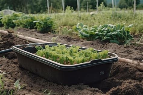 Algunas plantas en un contenedor en el suelo con superposición de texto