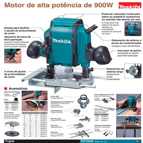 Tupia De Coluna Makita 900W RP0900 Jogo De Fresas Para Madeira 6mm