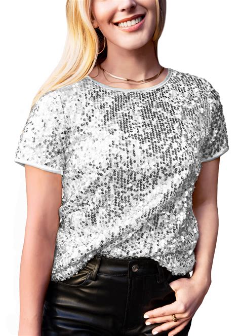 Womens Sparkle Sequin Top Short Sleeve Stretchy Glitter Cocktail Party