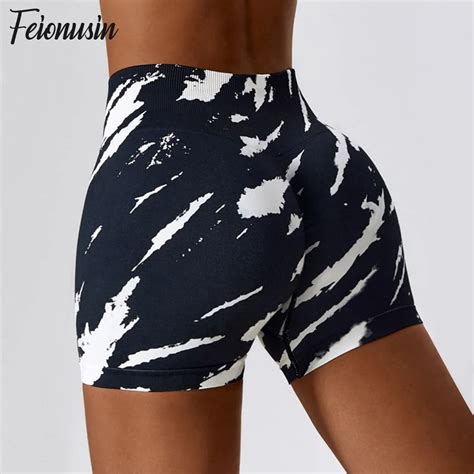 Women Tie Dye Yoga Shorts High Waist Fitness Shorts Seamless Knitting High Elastic Gym Sports